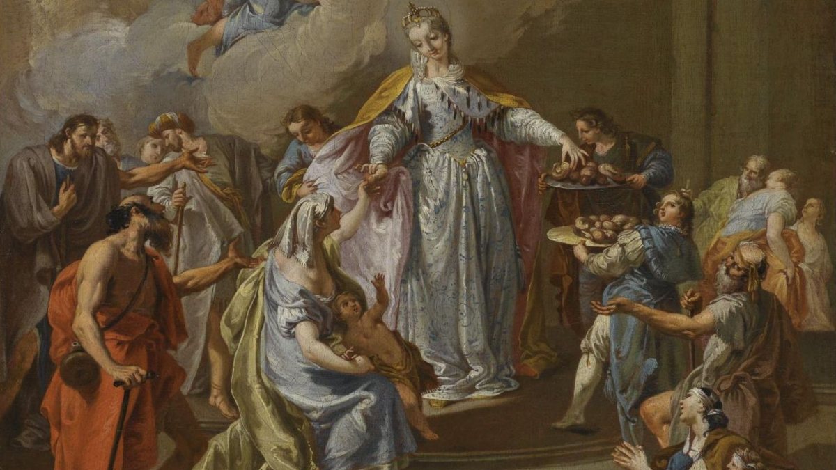 Ein Gemälde der Hl. Elisabeth von Portugal beim Verteilen an die Armen. Das Kunstwerk stammt aus dem Kreis des Francesco Pittoni. ( [Public domain], via Wikimedia Commons)