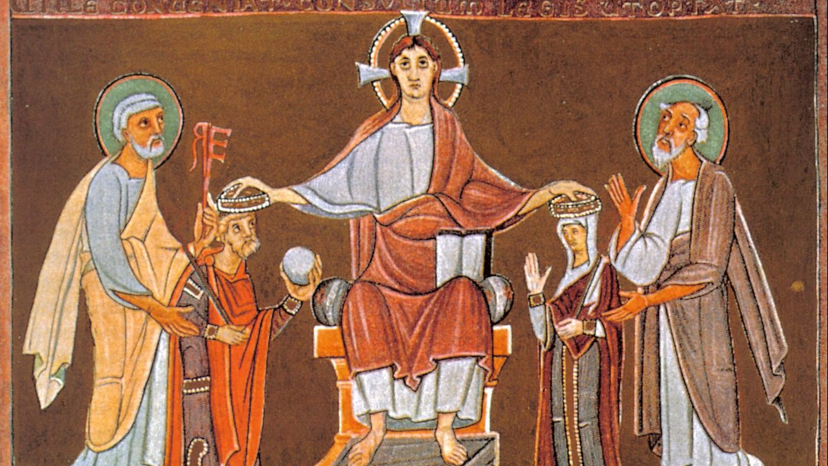 Aus dem Perikopenbuch Heinrichs II. (heute Bayrische Staatsbibliothek, CIm 4452, Fol. 2r) - Heinrich II. und Kunigunde von Christus gekrönt, hinter ihnen die Bamberger Patrone Petrus und Paulus.  (von the Middle Ages, unknown (Pericopes of Henry II) [Public domain], via Wikimedia Commons)