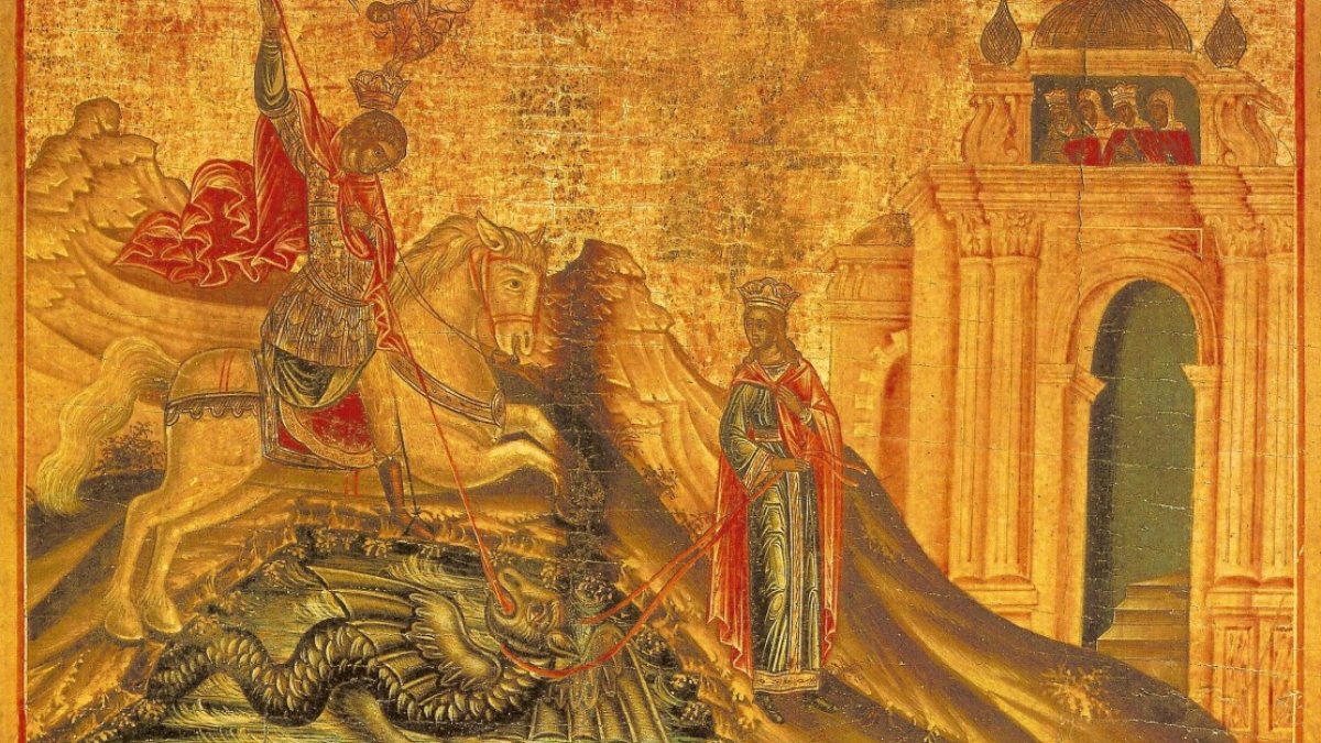 Ikone: Martha hat den Drachen gez&auml;hmt und Georg t&ouml;tet den Drachen. (Joachim Sch&auml;fer - <a href="www.heiligenlexikon.de">&Ouml;kumenisches Heiligenlexikon</a>)