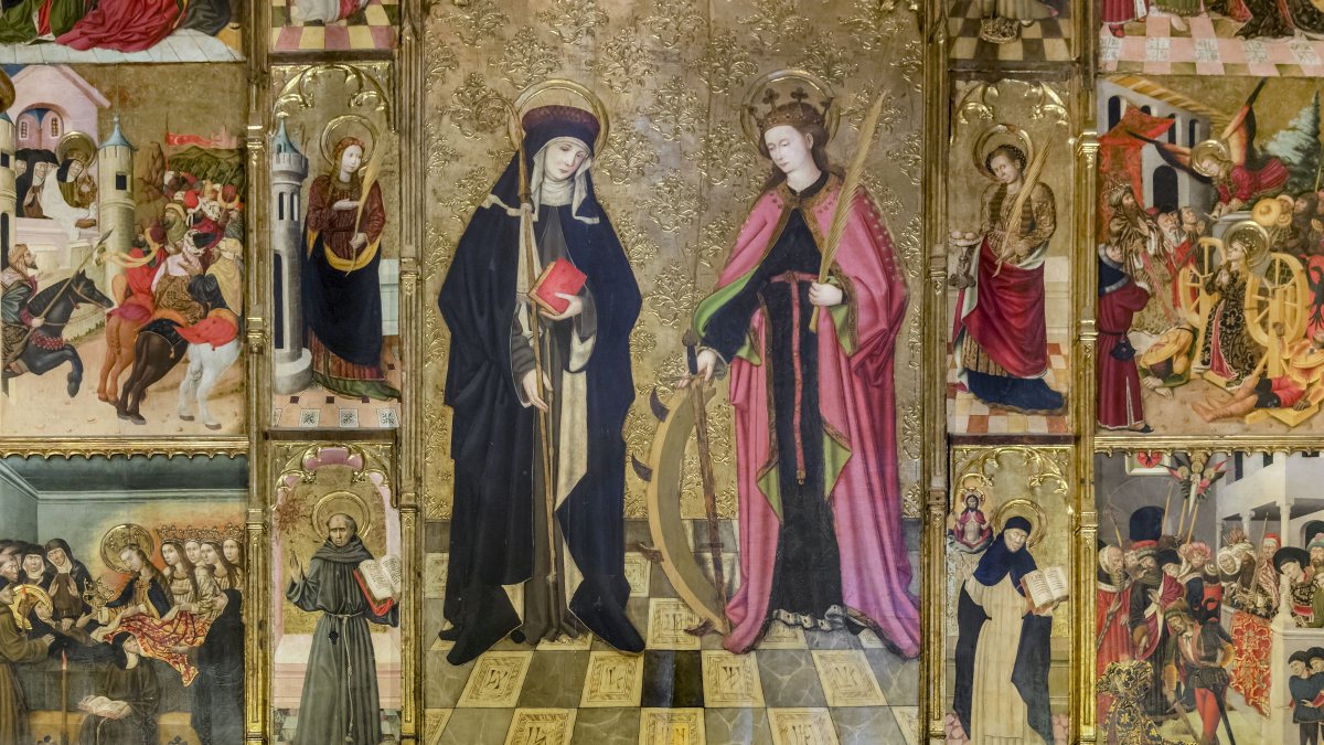Altarbild mit Hl. Klara von Assisi und Hl. Katharina von Alexandria in der Kathedrale von Barcelona (La Catedral [CC BY-SA 4.0  (https://creativecommons.org/licenses/by-sa/4.0)], vom Wikimedia Commons)