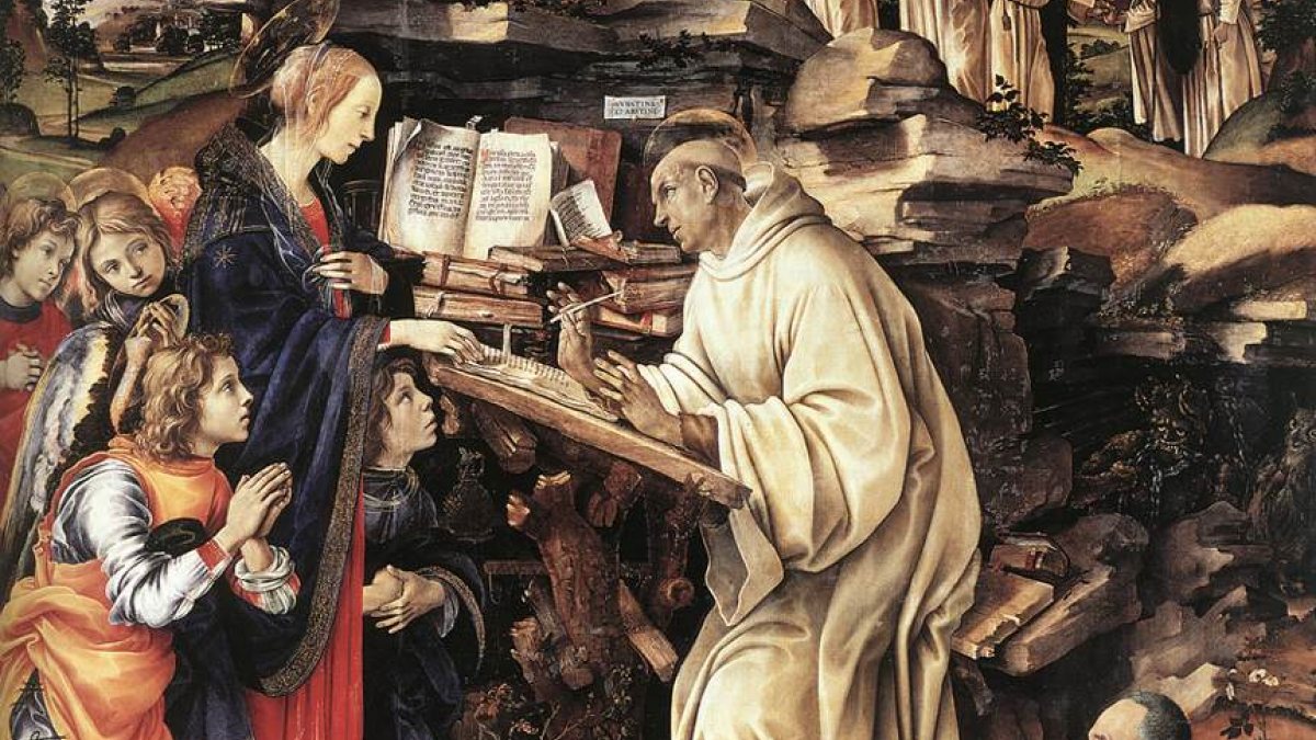 Maria erscheint dem Hl.Bernhard, Gemälde von Filippino Lippi in der Badia-Kirche in Florenz (Joachim Schäfer - <a href="www.heiligenlexikon.de">Ökumenisches Heiligenlexikon</a>)