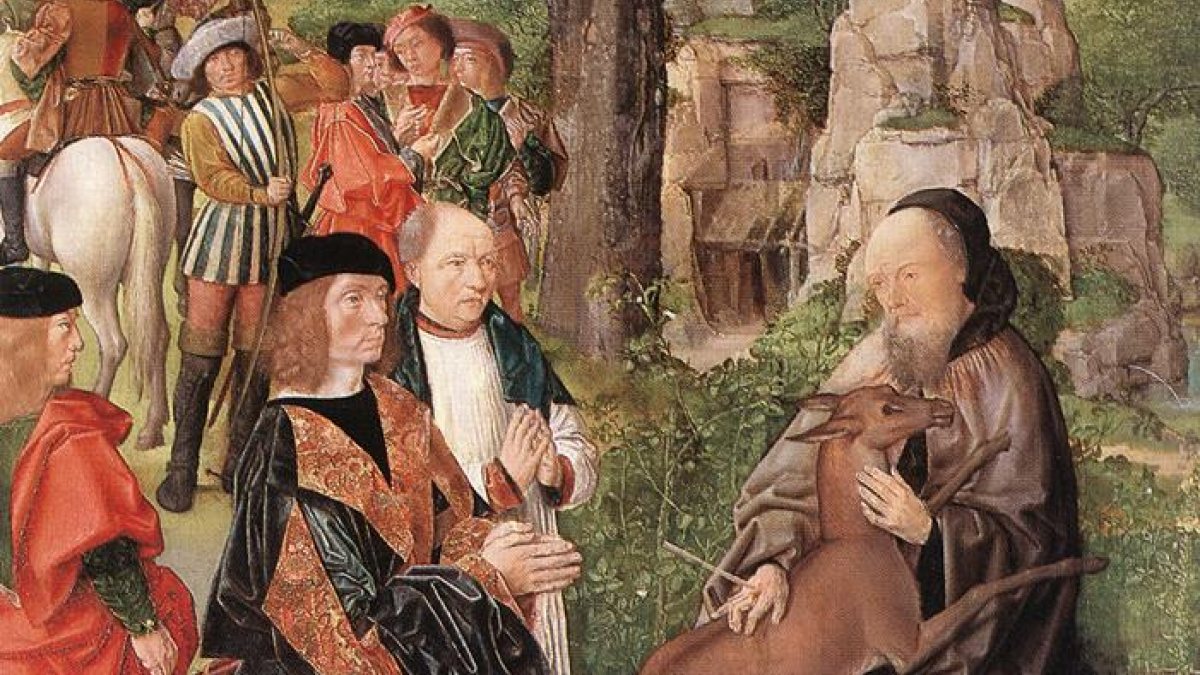 Ägidius mit Hirschkuh und König Wamba, Gemälde in der National Gallery in London. (Joachim Schäfer - <a href="www.heiligenlexikon.de">Ökumenisches Heiligenlexikon</a>) Ägidius mit Hirschkuh und König Wamba, Gemälde in der National Gallery in London. (Joachim Schäfer - <a href="www.heiligenlexikon.de">Ökumenisches Heiligenlexikon</a>)