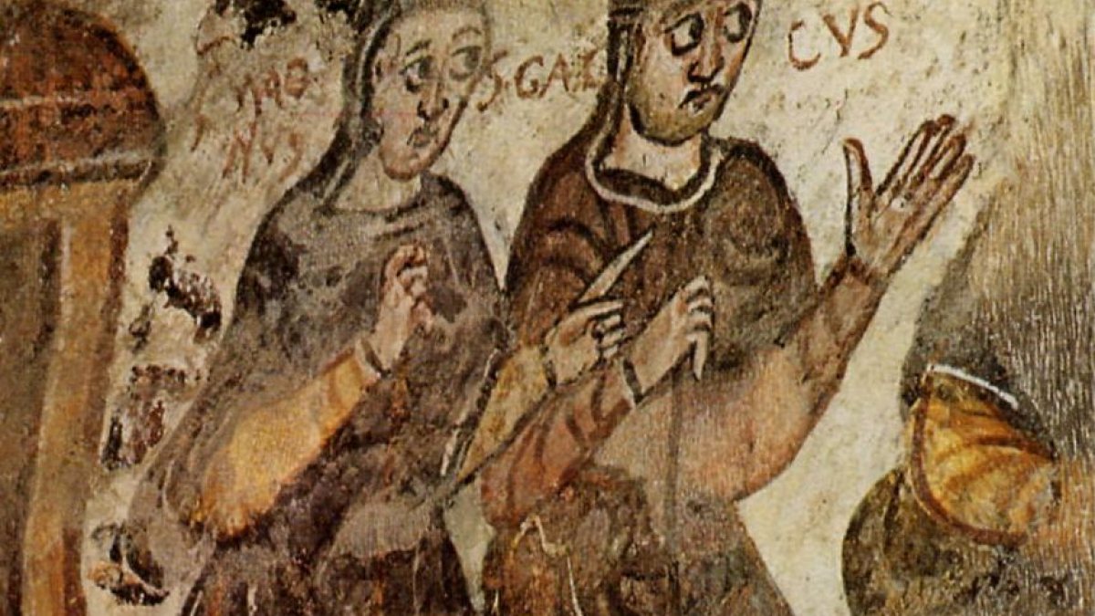 Fresko in der Magnuskrypta in der Stadtpfarrkirche Mang in Füssen; Magnus (links) mit Gallus. (Joachim Schäfer - <a href="www.heiligenlexikon.de">Ökumenisches Heiligenlexikon</a>)