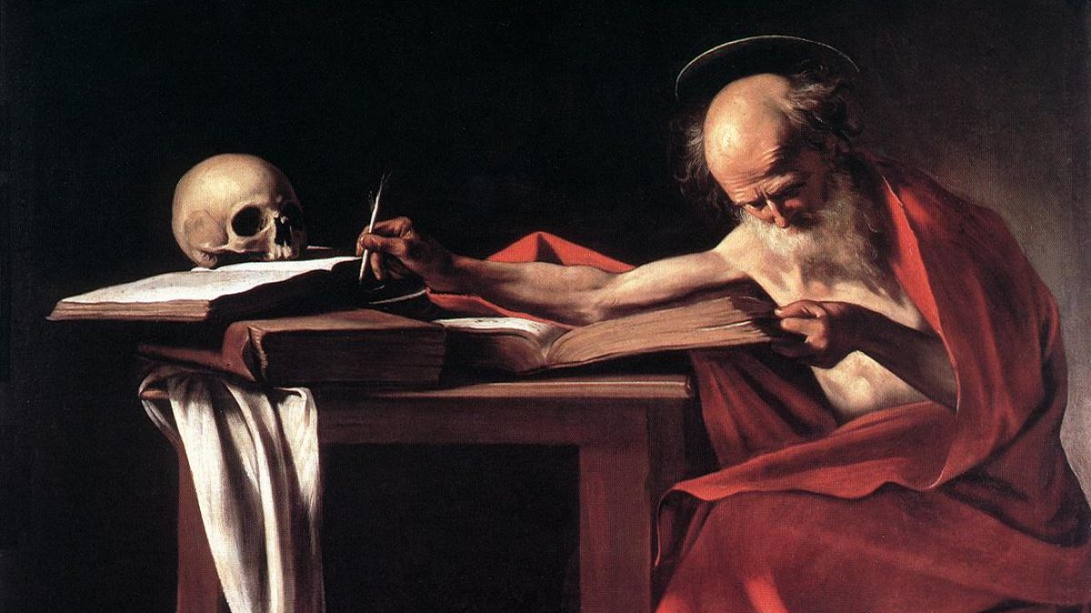 Gem&auml;lde von Michelangelo Caravaggio - Hieronymus in der H&ouml;hle - in der Galleria Borghese in Rom. (Joachim Sch&auml;fer - <a href="www.heiligenlexikon.de">&Ouml;kumenisches Heiligenlexikon</a>)