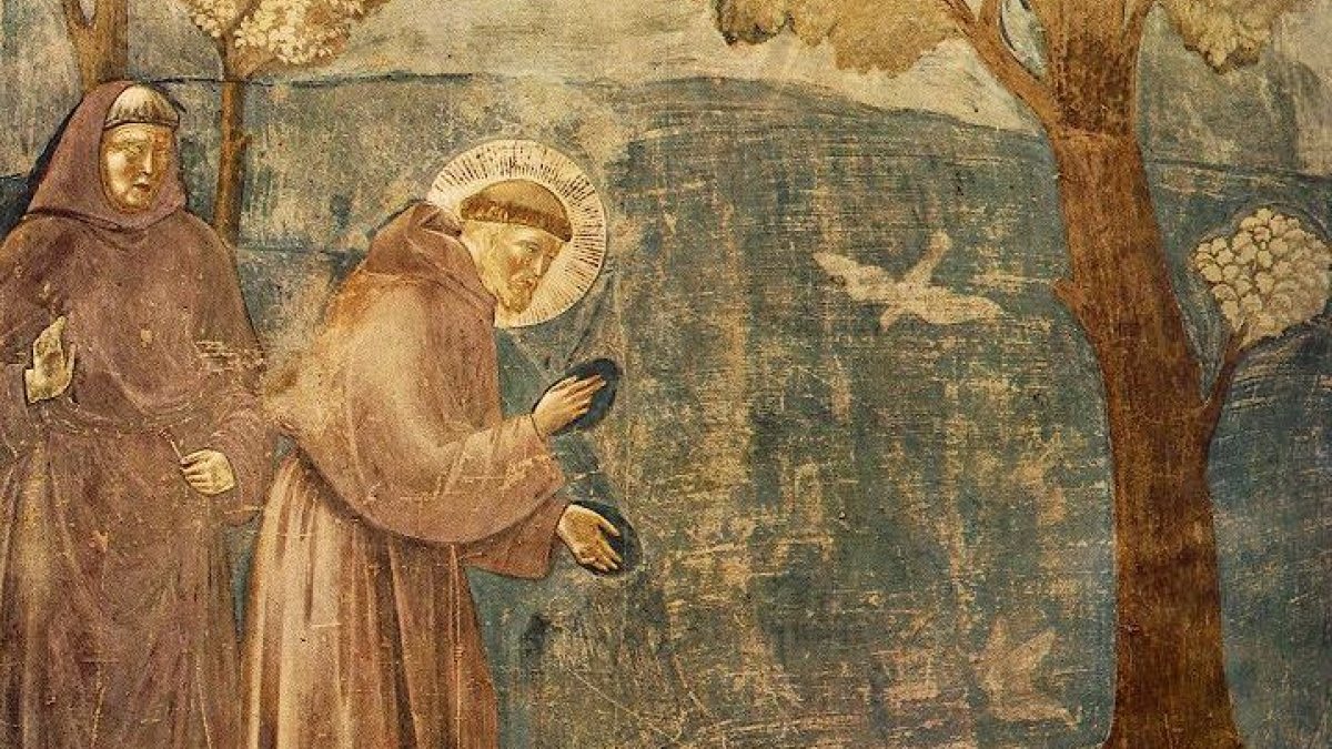Fresko in der Oberkirche der Basilika San Francesco in Assisi - Franziskus predigt den Vögeln. (Joachim Schäfer - <a href="www.heiligenlexikon.de">Ökumenisches Heiligenlexikon</a>)