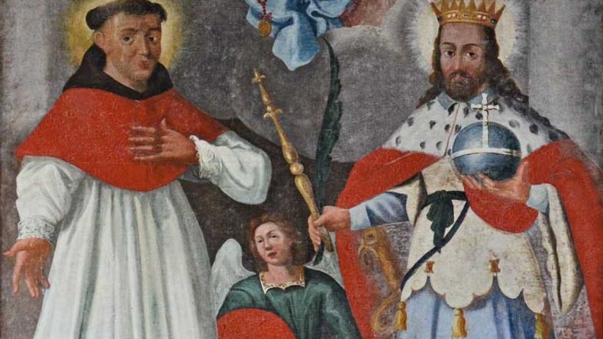 Altarbild: Lucius (rechts) mit einem Priester, um 1704, in der Kapelle Sogn Lezi in Disla, Ortsteil von Disentis (© Foto: Joachim Schäfer - <a href="www.heiligenlexikon.de">Ökumenisches Heiligenlexikon</a>)