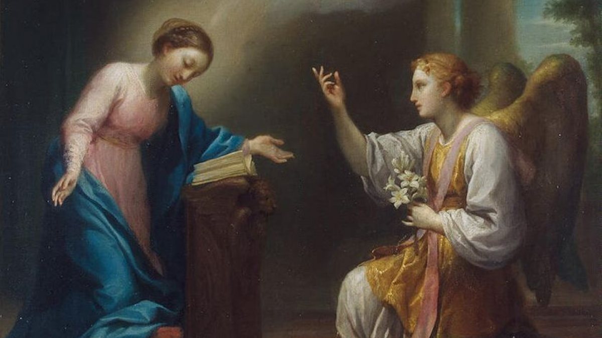 Der Engel trat bei ihr ein und sagte: Sei gegrüßt, du Begnadete, der Herr ist mit dir. (Anton Raphael Mengs [Public domain])