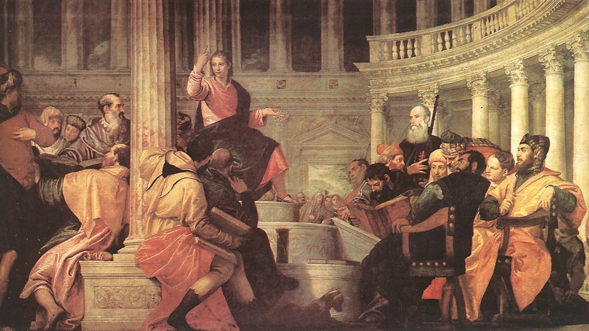 Jesus unter den Gelehrten im Tempel, Gem&auml;lde von Paolo Verenese im Nationalmuseum del Prado in Madrid. (zwecklos.

Als Quelle k&ouml;nnen Sie angeben: Joachim Sch&auml;fer - &Ouml;kumenisches Heiligenlexikon. 
zum Kopieren: 
Joachim Sch&auml;fer - <a href="www.heiligenlexikon.de">&Ouml;kumenisches Heiligenlexikon</a>)