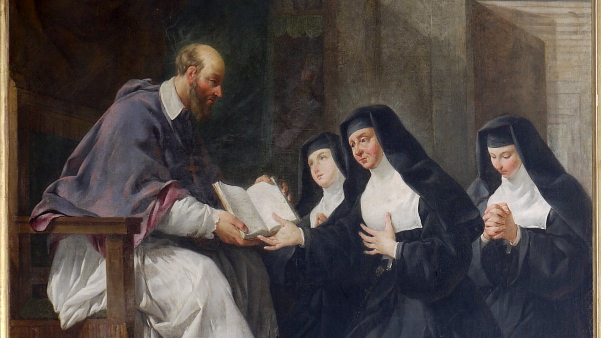 Franz von Sales &uuml;bergibt den Schwestern der Heimsuchung Mariens die Ordensregeln. (No&euml;l Hall&eacute; [Public domain, GFDL (http://www.gnu.org/copyleft/fdl.html) oder CC BY-SA 4.0 (https://creativecommons.org/licenses/by-sa/4.0)])