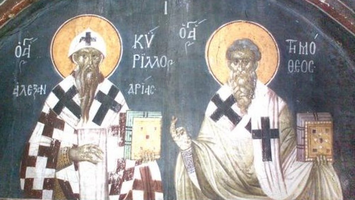 Timotheus (rechts) mit Cyrill von Alexandria, Fresko im Kloster Gracanica im Kosovo. (Joachim Sch&auml;fer - <a href="www.heiligenlexikon.de">&Ouml;kumenisches Heiligenlexikon</a>)