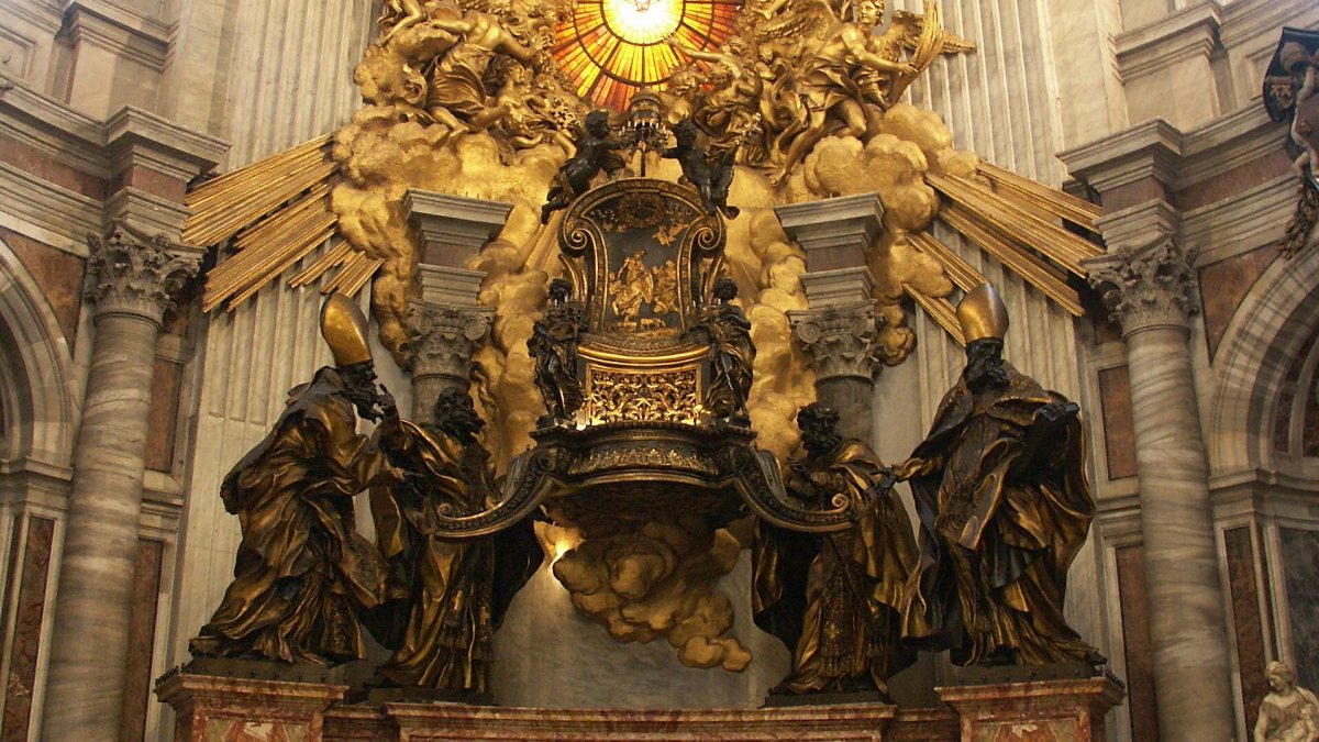 Kathedra Petri im Petersdom in Rom, im Volksmund auch bekannt als "Petri Stuhlfeier", es erinnert an die Berufung des Apostels Petrus zum Lehramt in der Kirche. (Dnalor 01 [CC BY-SA 3.0 (https://creativecommons.org/licenses/by-sa/3.0)], von Wikimedia Commons)