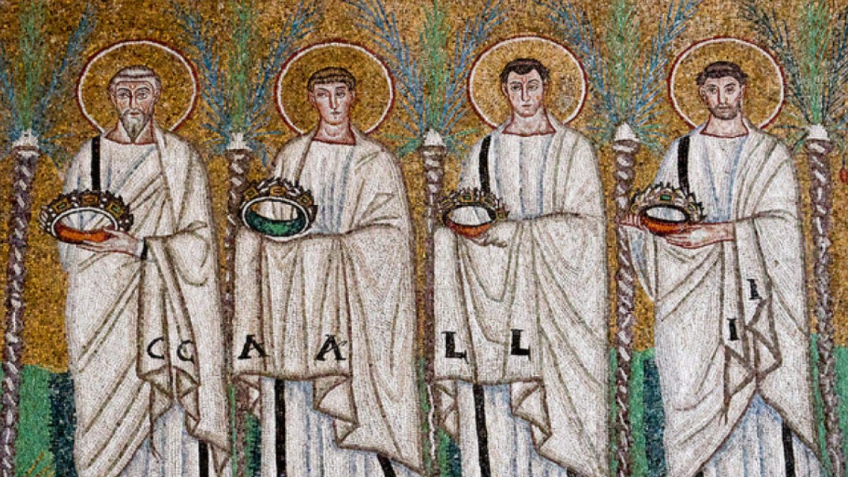 Polycarp, Vincent von Saragossa, Pancras von Rom und St. Chrysogonus, Mosaik in Sant'Apollinare Nuovo, Ravenna (at Sant'Apollinare Nuovo, Ravenna [Public domain])