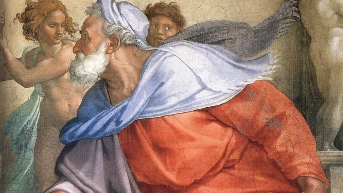 Ausschnitt von der Decke in der Sixtinischen Kapelle, Darstellung des Hl. Ezechiel (&copy; Foto: Michelangelo, Public domain, via Wikimedia Commons)