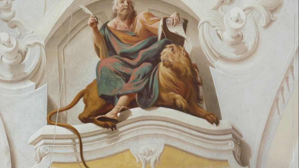 Katholische Kuratiekirche St. Georg in Bichl im Landkreis Bad T&ouml;lz-Wolfratshausen, Deckenfresko von Johann Jakob Zeiler, von 1753, Evangelist Markus mit L&ouml;we (GFreihalter [CC BY-SA 3.0 (https://creativecommons.org/licenses/by-sa/3.0)])