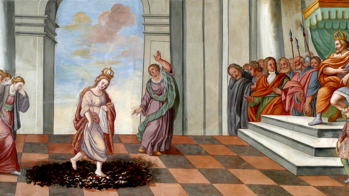 Kunigundes Lauf &uuml;ber gl&uuml;hende Kohlen, Deckengem&auml;lde im Sommersaal der Abtei Corvey (&copy; Foto: Charlie1965nrw / CC BY-SA (http://creativecommons.org/licenses/by-sa/3.0/))